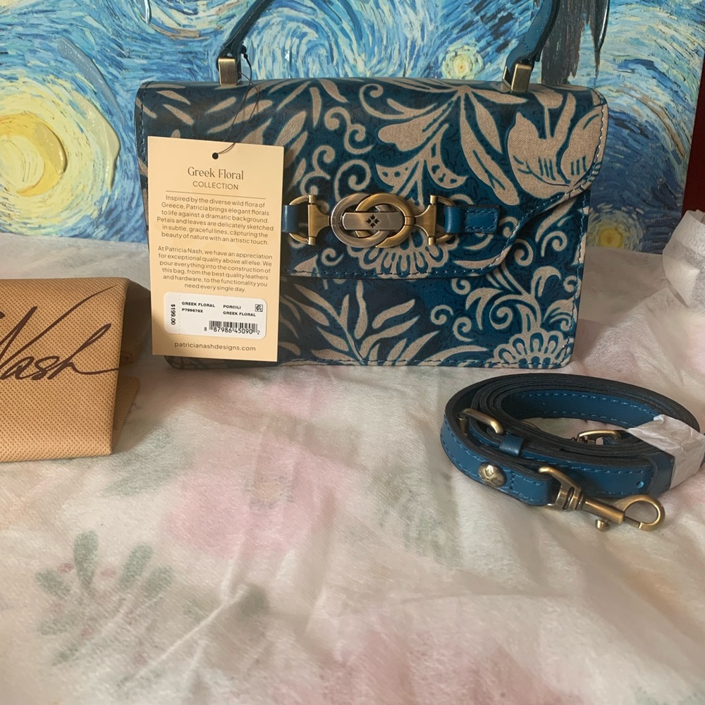 Patricia Nash Teal Blue Floral Leather Top-Handle  Crossbody  NWT - Picture 3 of 12